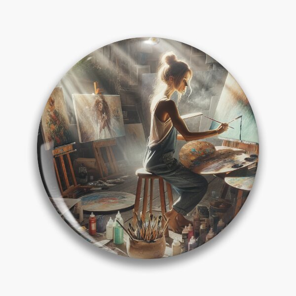 Item preview, Woman working in a sunlit studio, surrounded by canvases and paint, in a scene of creative chaos designed and sold by AndreaMart.