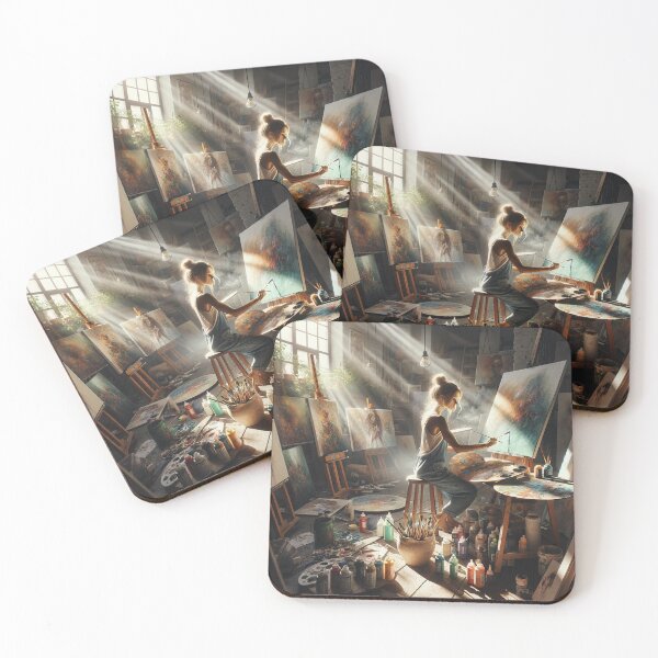 Item preview, Woman working in a sunlit studio, surrounded by canvases and paint, in a scene of creative chaos designed and sold by AndreaMart.
