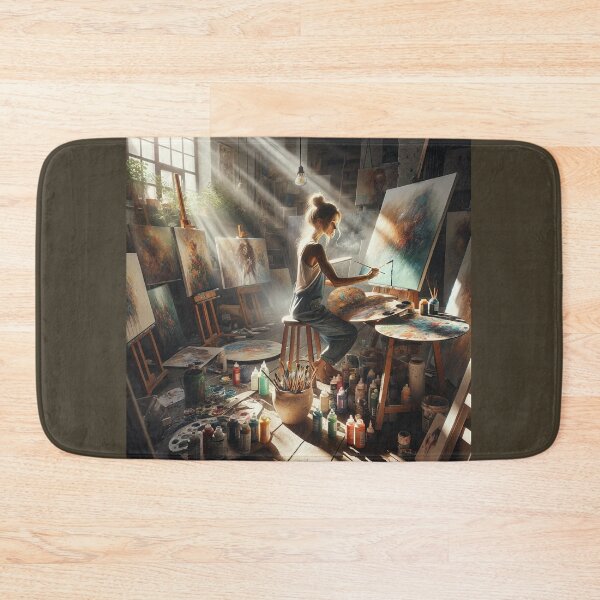 Item preview, Woman working in a sunlit studio, surrounded by canvases and paint, in a scene of creative chaos designed and sold by AndreaMart.