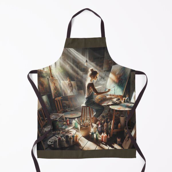 Item preview, Woman working in a sunlit studio, surrounded by canvases and paint, in a scene of creative chaos designed and sold by AndreaMart.