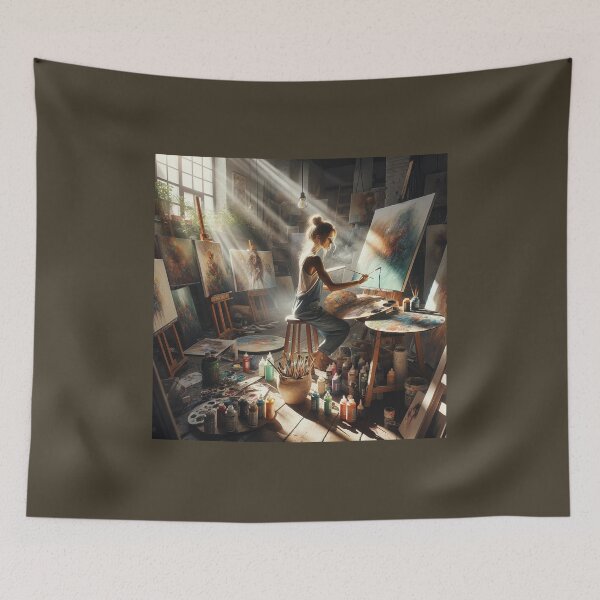 Item preview, Woman working in a sunlit studio, surrounded by canvases and paint, in a scene of creative chaos designed and sold by AndreaMart.