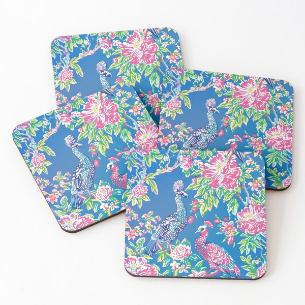 Item preview, Preppy chinoiserie peacocks and peonies on cornflower blue designed and sold by SophieClimaArt.