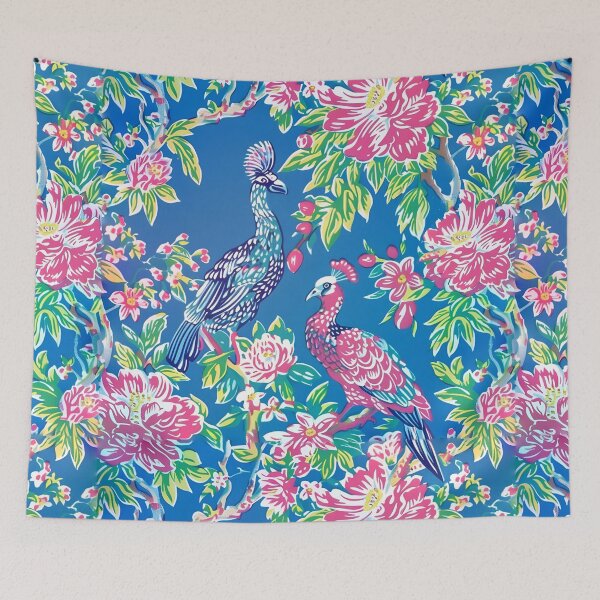 Item preview, Preppy chinoiserie peacocks and peonies on cornflower blue designed and sold by SophieClimaArt.