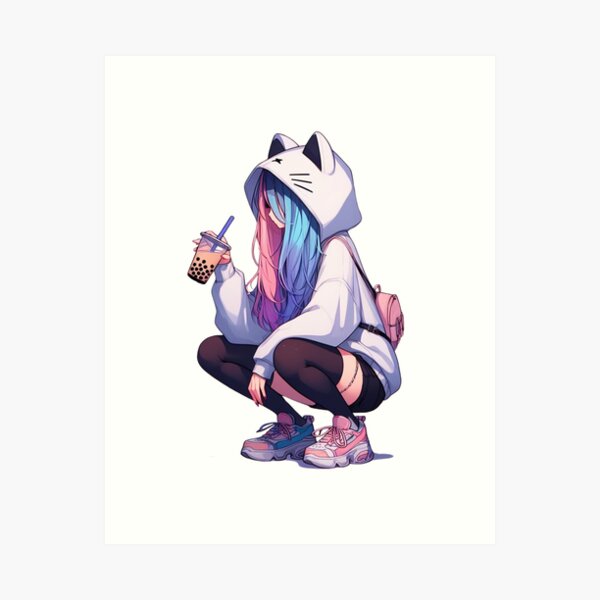 Artikel-Vorschau von Hockendes Anime-Mädchen mit Katzen-Hoodie und Boba, designt und verkauft von AstroAppa.
