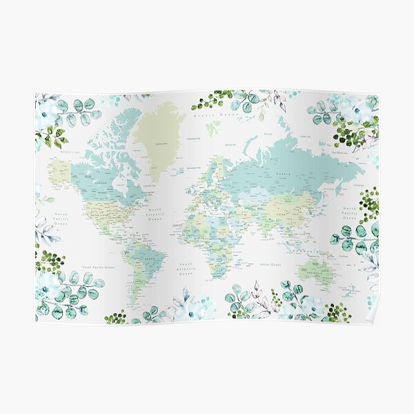 Greenery mint and blue detailed world map with cities Poster