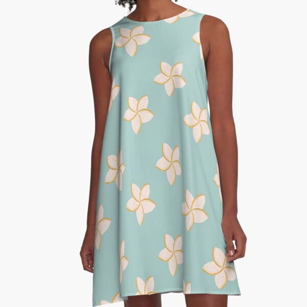 White and turquoise plumeria flowers pattern A-Line Dress