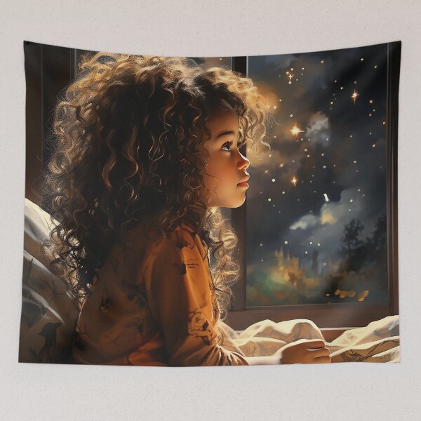 Item preview, Midnight Marvel - A Black Girl Stares Out The Window At The Stars At Midnight - Watercolor Art - Black Art designed and sold by CastleBySea.