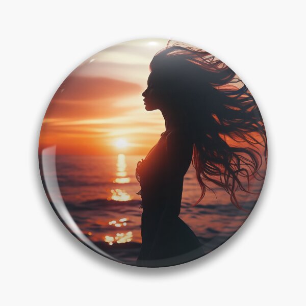 Item preview, Woman standing at the edge of the ocean, her hair flowing with the wind, at sunset designed and sold by AndreaMart.