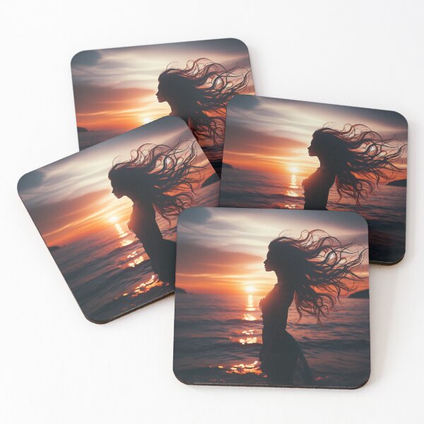 Item preview, Woman standing at the edge of the ocean, her hair flowing with the wind, at sunset designed and sold by AndreaMart.