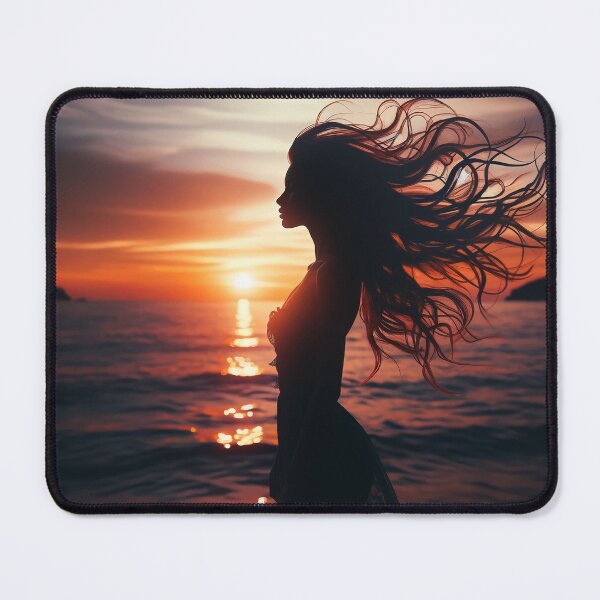 Item preview, Woman standing at the edge of the ocean, her hair flowing with the wind, at sunset designed and sold by AndreaMart.