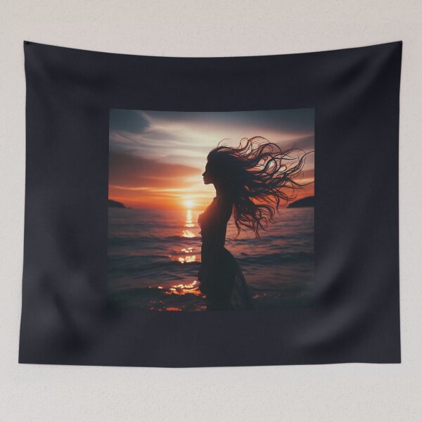 Item preview, Woman standing at the edge of the ocean, her hair flowing with the wind, at sunset designed and sold by AndreaMart.