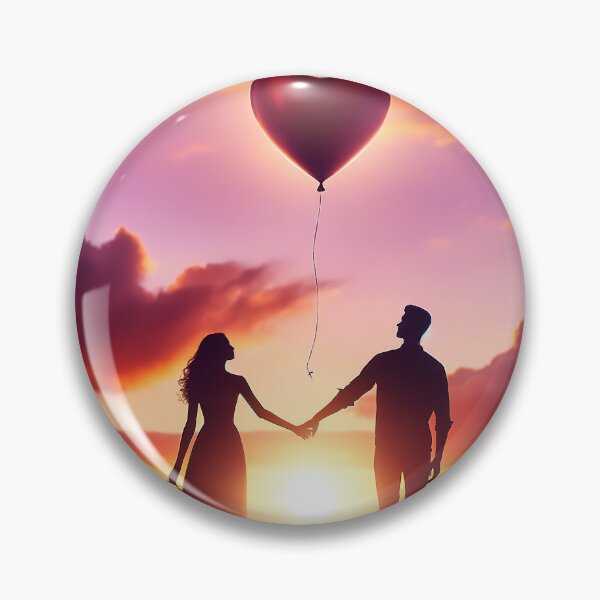 Item preview, Couple's silhouette against a sunset, holding hands with a heart-shaped balloon floating away, symbolizing love designed and sold by AndreaMart.