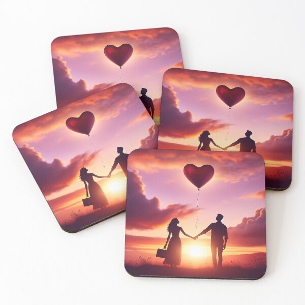Item preview, Couple's silhouette against a sunset, holding hands with a heart-shaped balloon floating away, symbolizing love designed and sold by AndreaMart.