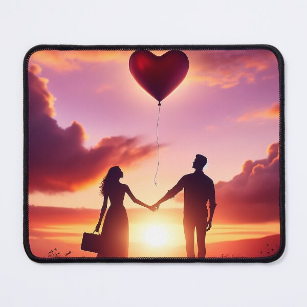 Item preview, Couple's silhouette against a sunset, holding hands with a heart-shaped balloon floating away, symbolizing love designed and sold by AndreaMart.
