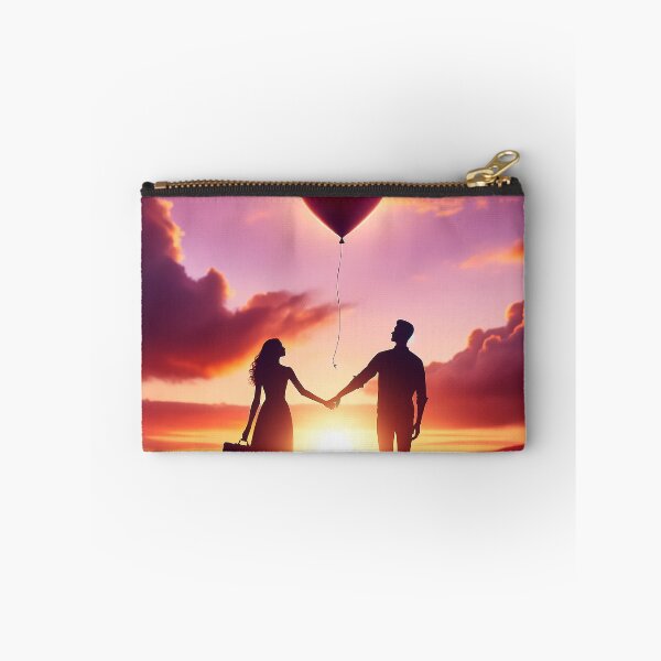 Item preview, Couple's silhouette against a sunset, holding hands with a heart-shaped balloon floating away, symbolizing love designed and sold by AndreaMart.