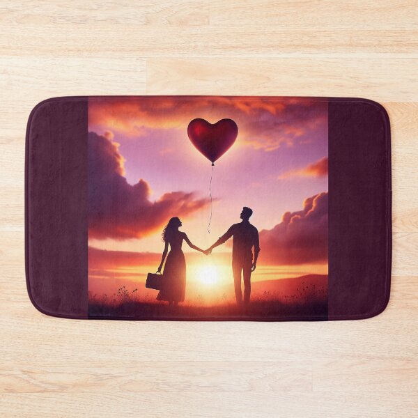 Item preview, Couple's silhouette against a sunset, holding hands with a heart-shaped balloon floating away, symbolizing love designed and sold by AndreaMart.