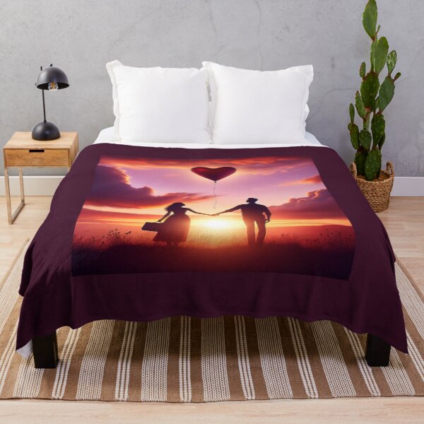 Item preview, Couple's silhouette against a sunset, holding hands with a heart-shaped balloon floating away, symbolizing love designed and sold by AndreaMart.