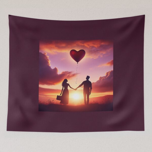 Item preview, Couple's silhouette against a sunset, holding hands with a heart-shaped balloon floating away, symbolizing love designed and sold by AndreaMart.