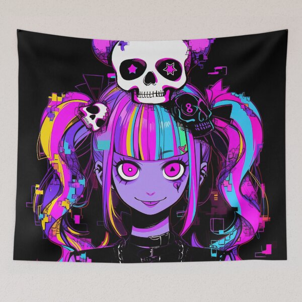 Item preview, Glitchy Neon Skull Anime Girl designed and sold by bubblegoth.