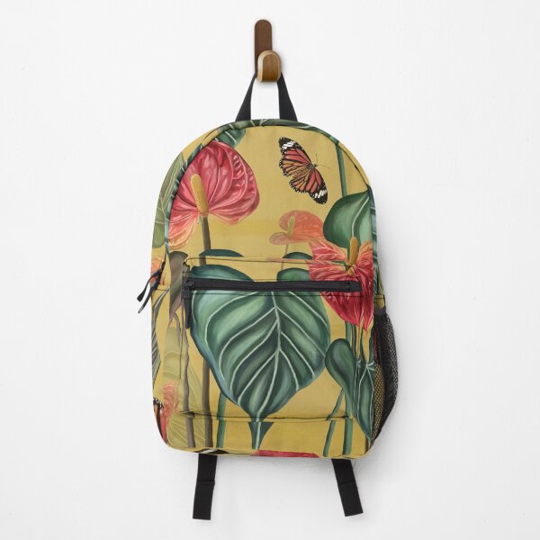Item preview, Tropical pattern background of anthurium flowers, red flower with leaves, plants with butterflies on yellow background designed and sold by hAITHAM1985.