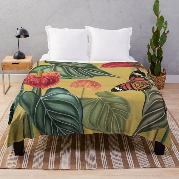 Item preview, Fondo de patrón tropical de flores de anthurium, flores rojas con hojas, plantas con mariposas sobre fondo amarillo designed and sold by hAITHAM1985.
