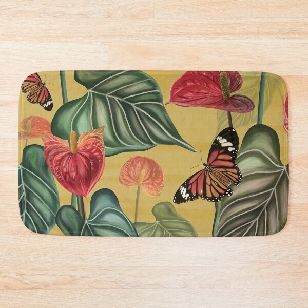 Item preview, Tropical pattern background of anthurium flowers, red flower with leaves, plants with butterflies on yellow background  designed and sold by hAITHAM1985.
