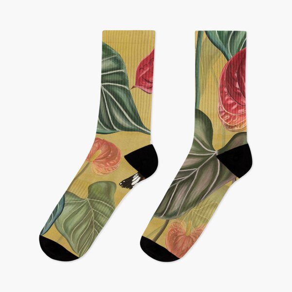 Item preview, Tropical pattern background of anthurium flowers, red flower with leaves, plants with butterflies on yellow background  designed and sold by hAITHAM1985.