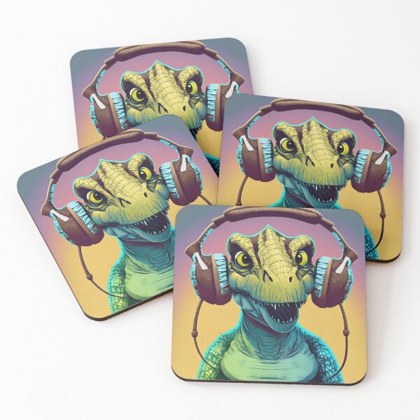 Item preview, A Dinosaur wears an oversized pair of headphones designed and sold by Boxing Kangaroo Retail Company.