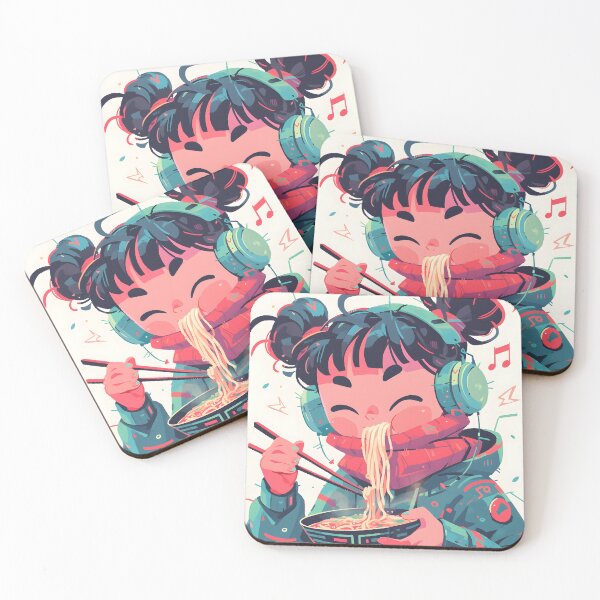 Artikelvorschau, Cute Japanese Girl With Headphones Eating Noodles entworfen und verkauft von CoolMantras.