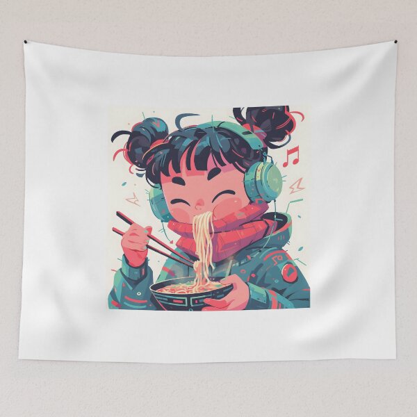 Artikelvorschau, Cute Japanese Girl With Headphones Eating Noodles entworfen und verkauft von CoolMantras.