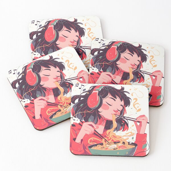 Artikelvorschau, Japanese Girl With Headphones Eating Noodles entworfen und verkauft von CoolMantras.