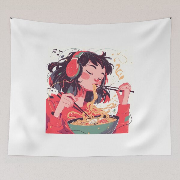 Artikelvorschau, Japanese Girl With Headphones Eating Noodles entworfen und verkauft von CoolMantras.