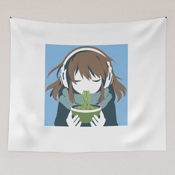 Artikelvorschau, Japanese Girl With Headphones Eating Noodles entworfen und verkauft von CoolMantras.