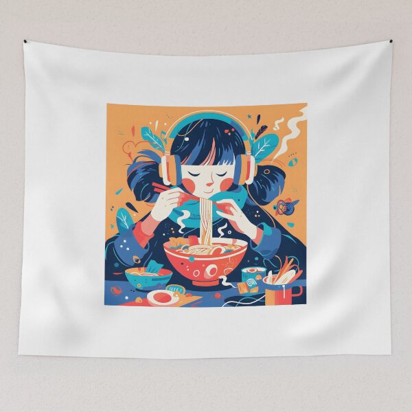 Artikelvorschau, Abstract Girl With Headphones Eating Noodles entworfen und verkauft von CoolMantras.