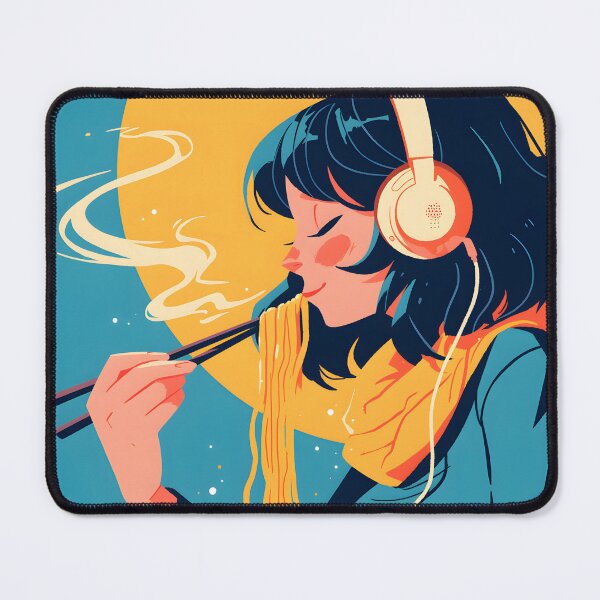 Item preview, Girl With Headphones Eating Noodles designed and sold by CoolMantras.