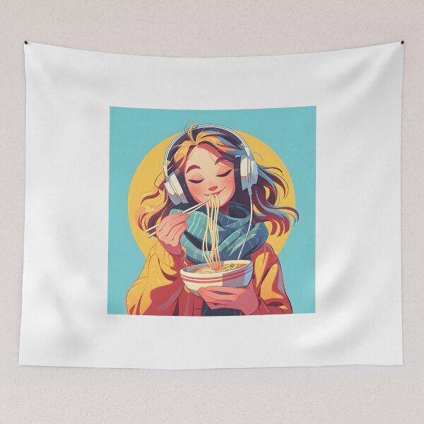 Artikelvorschau, Girl With Headphones Eating Noodles entworfen und verkauft von CoolMantras.