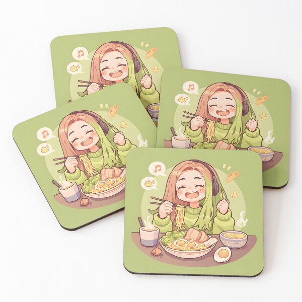 Artikelvorschau, Cute Manga Girl With Headphones Eating Noodles entworfen und verkauft von CoolMantras.