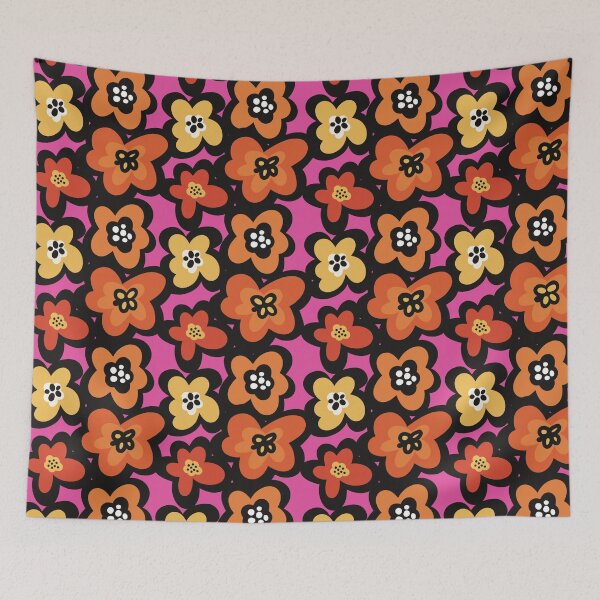 Item preview, Fun retro flowerpower pattern in 1970-style, with yellow,red, orange and black flowers designed and sold by marina63.
