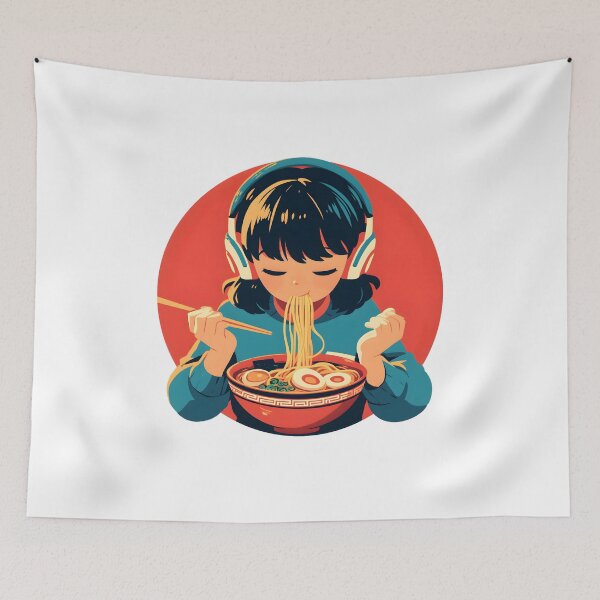Artikelvorschau, Japanese Girl With Headphones Eating Noodles entworfen und verkauft von CoolMantras.