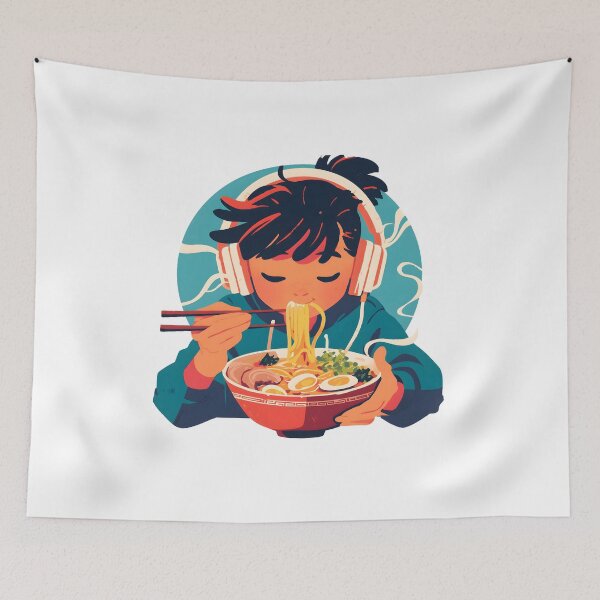 Artikelvorschau, Japanese Girl With Headphones Eating Noodles entworfen und verkauft von CoolMantras.