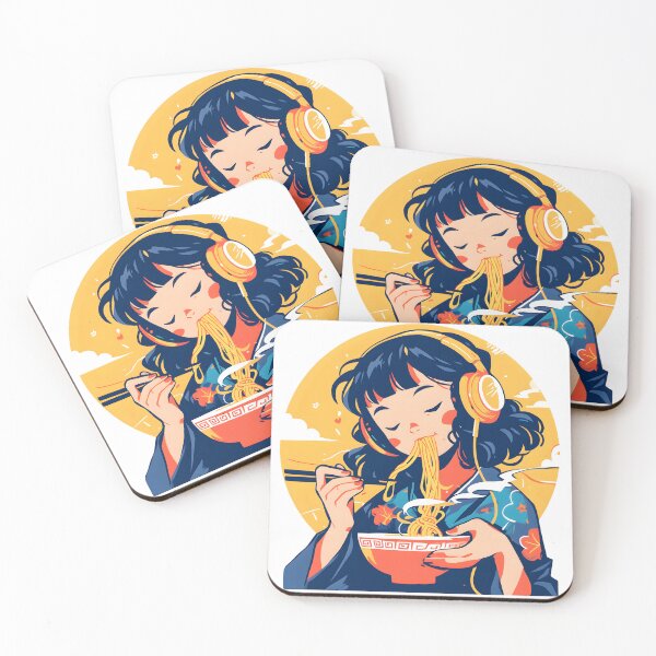 Artikelvorschau, Japanese Girl With Headphones Eating Noodles entworfen und verkauft von CoolMantras.