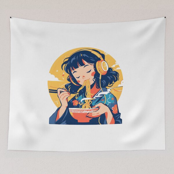 Artikelvorschau, Japanese Girl With Headphones Eating Noodles entworfen und verkauft von CoolMantras.