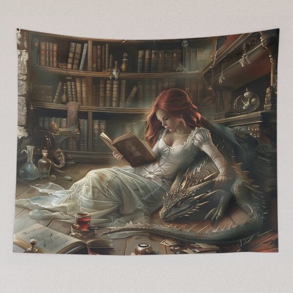 Item preview, Beautiful woman with Dragon in Library designed and sold by kalyssa44.