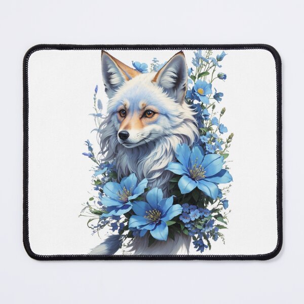 Artikelvorschau, Fuchskunst, blauer Blumenfuchs, Fuchsillustration entworfen und verkauft von PrintMystique.