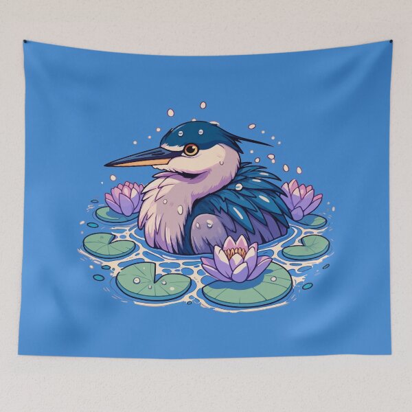 Item preview, Kawaii Anime Heron Bath With Water Lily designed and sold by TomFrontierArt.