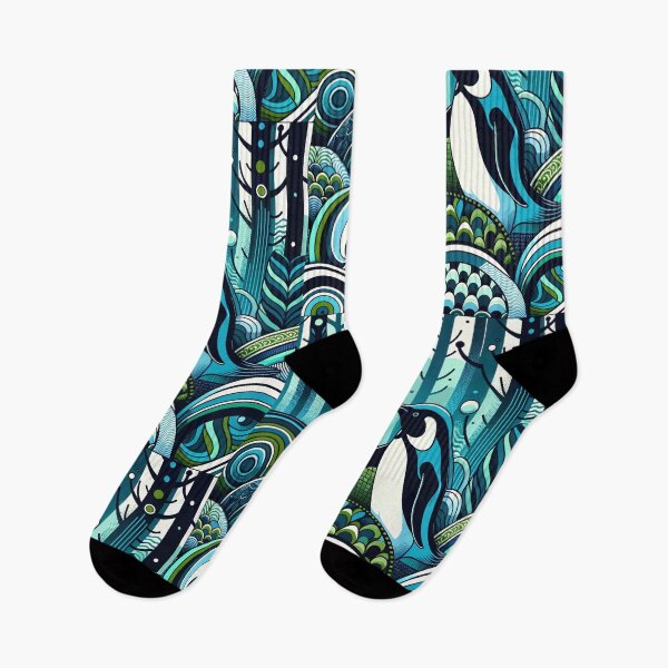 Item preview, Aqua Navy Blue Green Penguin Forest With Abstract Oceanic Marine Adventure Waves  Pattern designed and sold by PenguinForests.