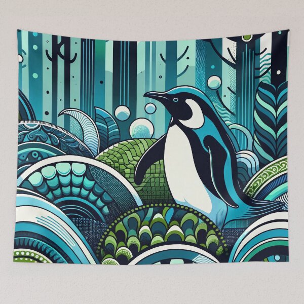 Item preview, Aqua Navy Blue Green Penguin Forest With Abstract Oceanic Marine Adventure Waves  Pattern designed and sold by PenguinForests.