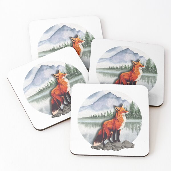 Item preview, watercolor lake with orange fox and mountain designed and sold by Lunaawga.