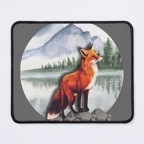 Item preview, watercolor lake with orange fox and mountain designed and sold by Lunaawga.