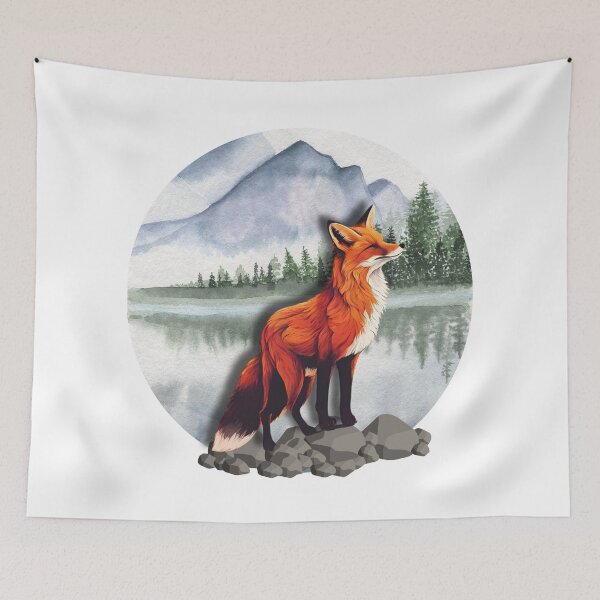 Item preview, watercolor lake with orange fox and mountain designed and sold by Lunaawga.
